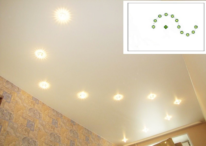 Как разместить светильники на натяжном потолке в зале без люстры фото точечные