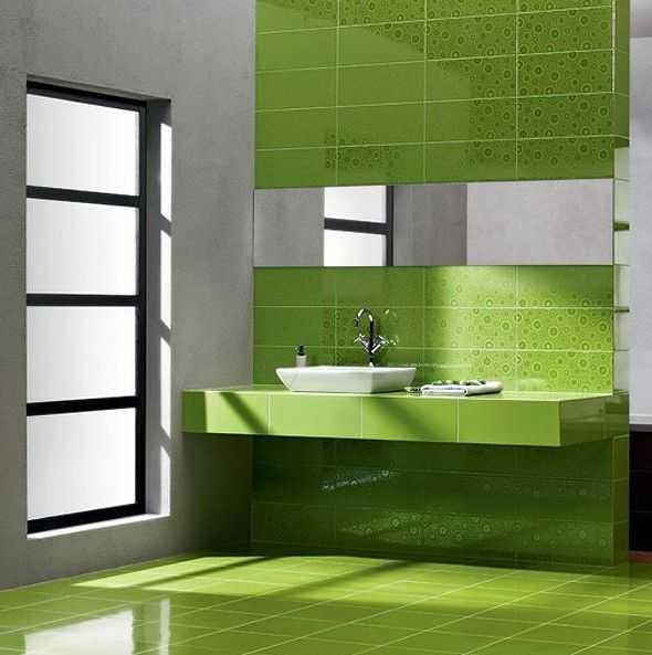 Как выглядит зеленая плитка в интерьере ванной комнаты?