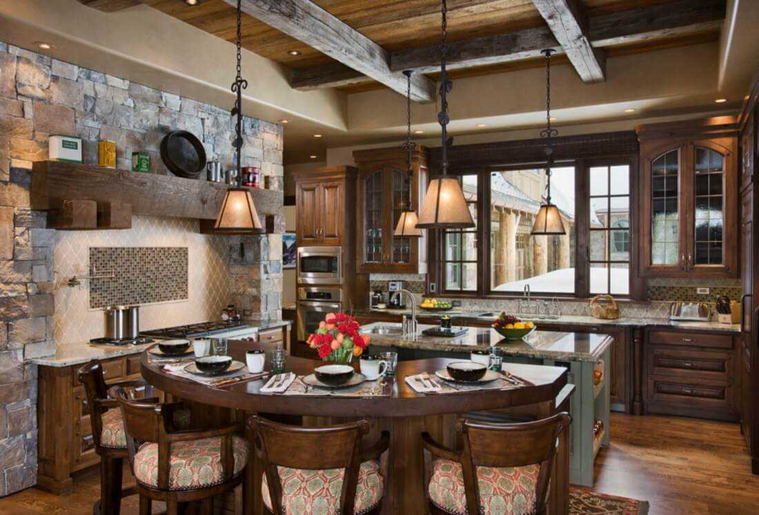 Гостиная в стиле шале: фото интерьера с камином, дизайн кухни в квартире и на даче